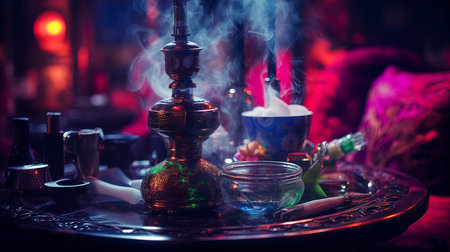 Hookah with smoke, neon. Generation AIの素材