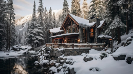 Wooden country chalet in the mountains in winter. Generation AIの素材