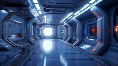 Sci-fi spaceship tunnel, neon. AI Generationの素材