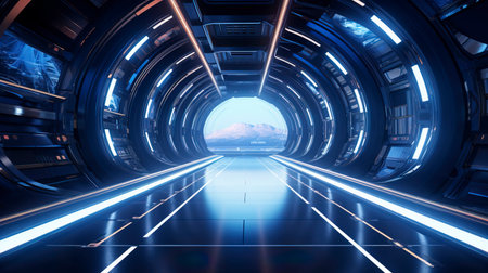Sci-fi spaceship tunnel, neon. AI Generationの素材