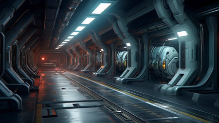 Sci-fi spaceship tunnel, neon. AI Generationの素材
