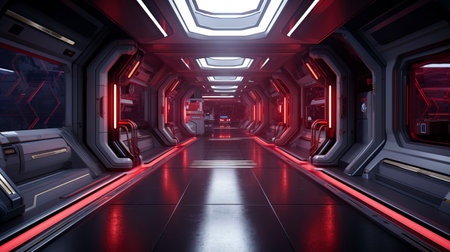 Sci-fi spaceship tunnel, neon. AI Generationの素材