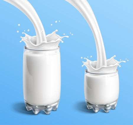 Pouring milk into a glasses on blue background.のイラスト素材