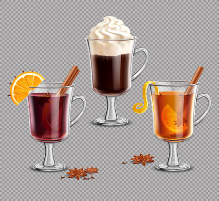 Mulled wine, grog, irish Ñoffee on transparent background. Hot drinksのイラスト素材