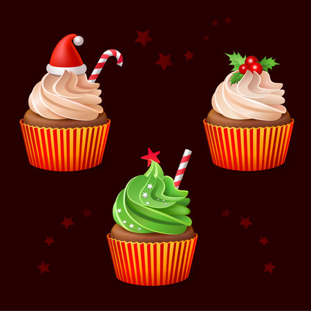 Christmas cupcakes set on dark background. Vector illustrationのイラスト素材