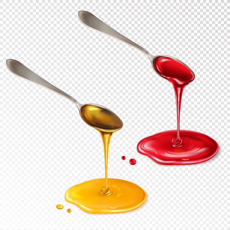 Sweet honey and jam dripping from a spoon, isolated on a white background. Vector illustrationのイラスト素材