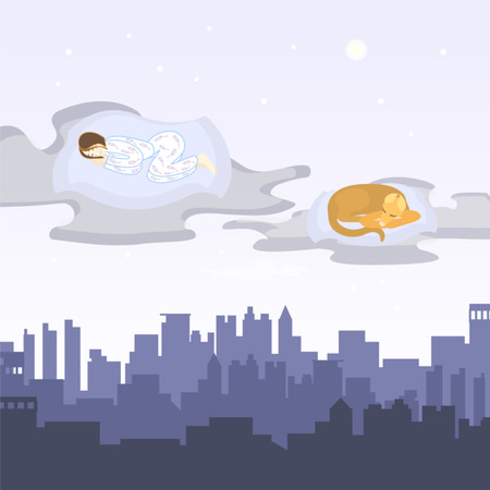 lavander girl and her dog is sleeping on the pillows flying under perple night moonlight cityのイラスト素材