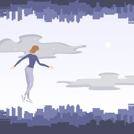 yang woman fly under the night city abstract cosmic dreamsのイラスト素材