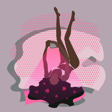 sexy african dark black skin and hears girl yang woman with a mobile phone on the bed chating connecting loveのイラスト素材