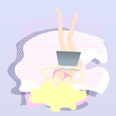 sexy blond girl or yang woman with a laptop on the bed teleworker freelancerのイラスト素材