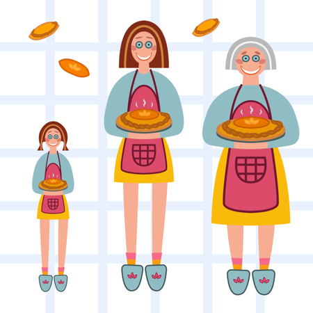 Vector illustration set contaned girl, woman and grandmother who made homemade pie.のイラスト素材