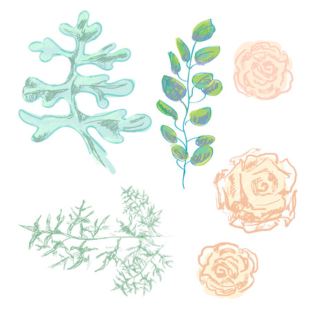 Hand drawn watercolor illustration. Botanical rectangular wedding invitation with green branches, flowers and leaves. Summer. Floral Design elements. Perfect for invitations, cards, prints, postersのイラスト素材