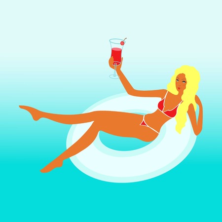 Amazing sexy girl or yang woman with blond hears swims in a circle for swimming by the sea in bicini with a tropical coctailのイラスト素材