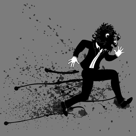 Businessman run with lion animal head. Business metaphor in minimalistic flat style. Cartoon vector illustrationのイラスト素材
