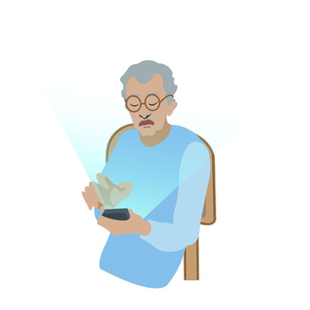 old man using digital gadget sitting on the chair- vector. flat illustration. educations for old peopleのイラスト素材