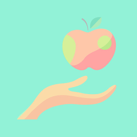 Creative icon apple in hands, logotype template. Fruit symbols of save nutrition. Vegetarian and health concept. Vector illustrationのイラスト素材