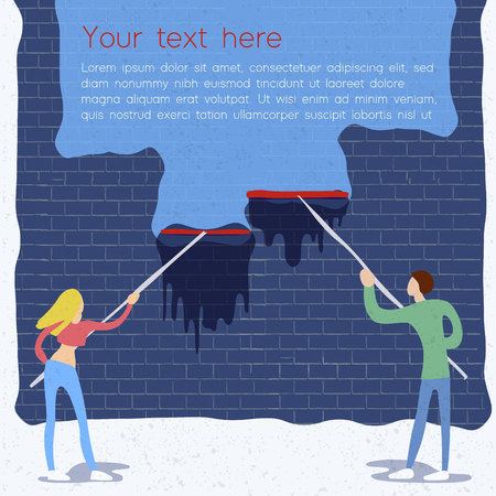 Place for text spring concept. young men and woman clean the wall with advertising text, article or information's adsのイラスト素材