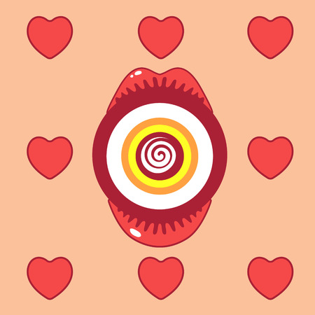 Wow female month and crazy eye with eyelushes, pop art poster different light colorの写真素材