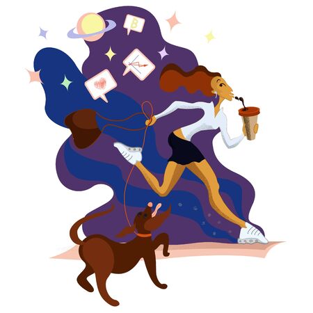 the girl drinking coffee on the run with a dog. Business woman in a fast lifestyle with her deal thinking on a cosmos background.のイラスト素材