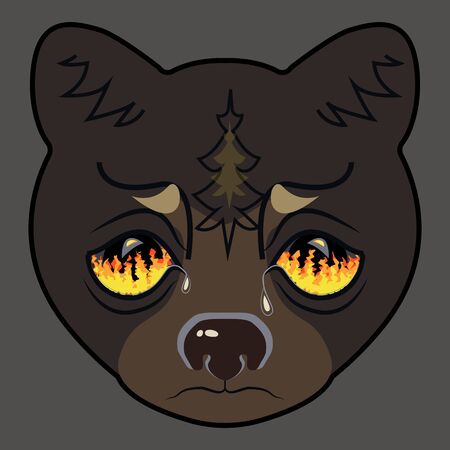 Bear head looks on the forest fire. Siberia burns. Vector illustrationのイラスト素材