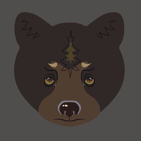 Bear head looks on the forest fire. Siberia burns. Vector illustration
