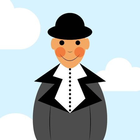 Male face avatar. Man in the suit, shirt and hat portrait on the blue sky background. Businessman icon.のイラスト素材