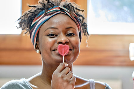 Young black woman with afro hair with a lollipop.