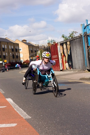 LONDON - APRIL 22: Unidentified wheelchair racers at the London marathon on April 22, 2012 in...