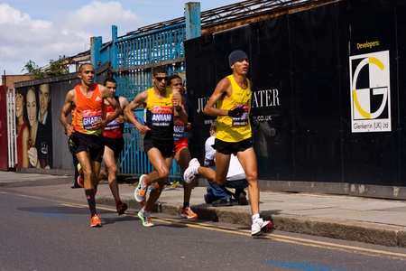 LONDON - APRIL 22: Unidentified people run the London marathon on April 22, 2012 in London, England,...