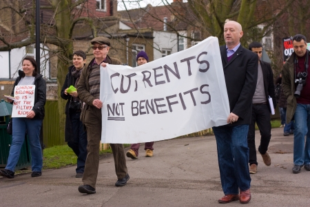LONDON - APRIL 13TH: Unidentified people protest at the Thousand Mothers March for Benefit Justice...