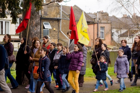 LONDON - APRIL 13TH: Unidentified people protest at the Thousand Mothers March for Benefit Justice in Tottenham, London on April the 13th 2013.  The "bedroom tax" effects the working class people.のeditorial素材