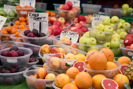 selection of fresh fruit at a food market.のeditorial素材