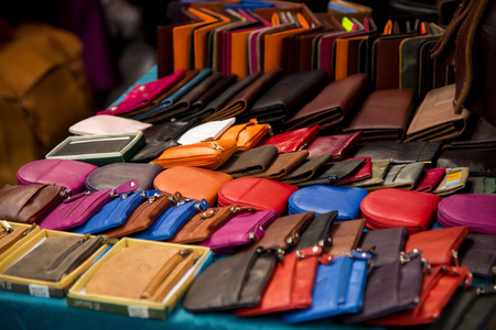 wallets and purses at a market.の写真素材