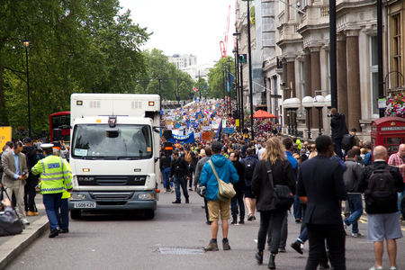 LONDON - July 2nd: Protesters at the march for europe protest on July the 2nd, 2016 in London, england, uk. An estimated 35 thousand attended the march.のeditorial素材