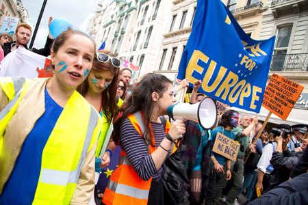 LONDON - July 2nd: Protesters at the march for europe protest on July the 2nd, 2016 in London, england, uk. An estimated 35 thousand attended the march.のeditorial素材
