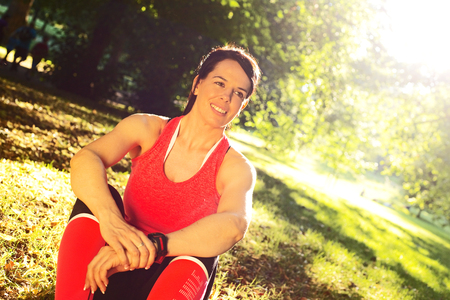 portrait of a fitness woman relaxing after exerciseの写真素材