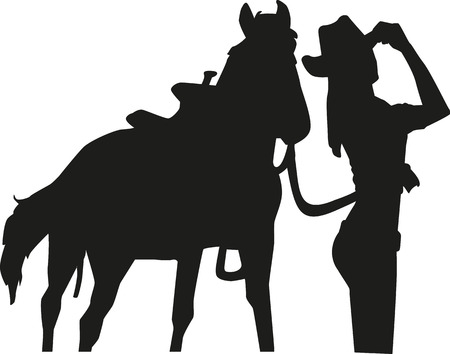 Cowgirl with horse silhouetteのイラスト素材