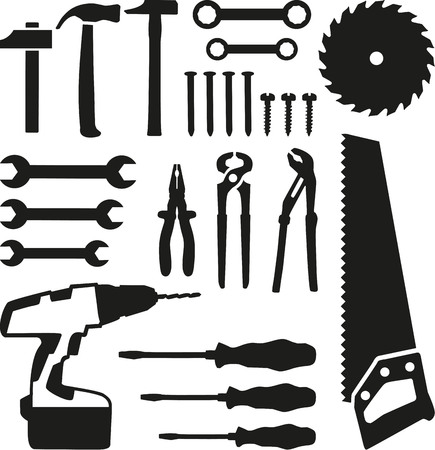 Tools set - saw, wrench, screwdriver, nails, screw, drillのイラスト素材