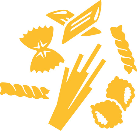 Pasta variations - spaghetti rigatoni fusilliのイラスト素材