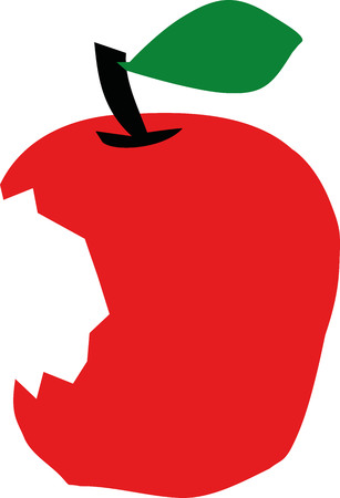Bitten into apple with green leafのイラスト素材