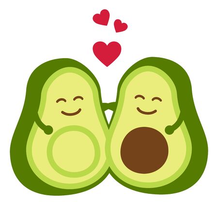 Avocado avo couple with red hearts and loveのイラスト素材