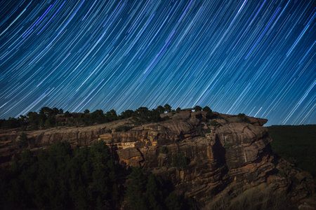 star trail over Sierra de Albarracin, Aragon, Spain