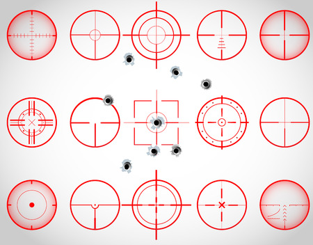 Set of fifteen red cross hairs, with bullet holes, vector のイラスト素材