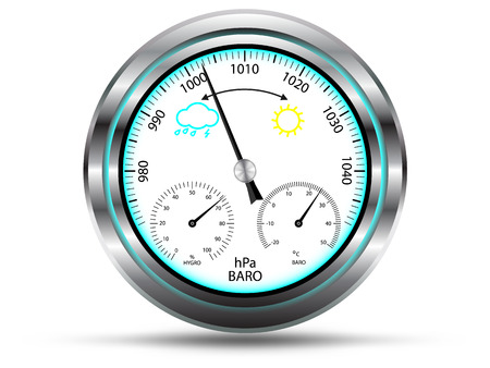 Barometer instrument, with two extra scales for measuring air temperature and air humidity, with metal frame, isolated on white, vector のイラスト素材
