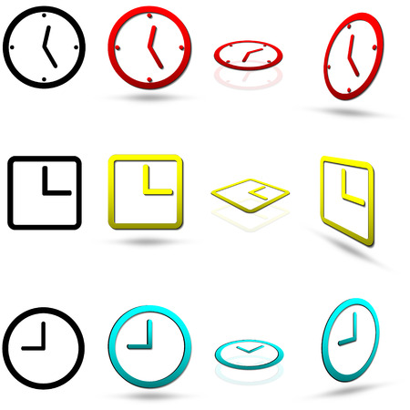 Set of twelve clock icons, in various colors, also in normal and perspective views, isolated on white, very easy editable colors, vectorのイラスト素材