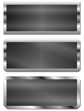 Set of three metal plates  Silver chrome frames with circle shape inner metallic textures, vector,isolated on white background のイラスト素材