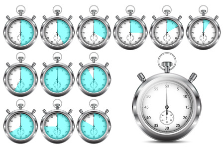 Set of stopwatches showing 5, 10, 15, 20, 25, 30, 35, 40, 45, 50, 55, and 60 seconds or minutes, vector, isolated on white background のイラスト素材