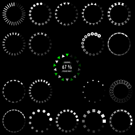 Loading, progress or buffering spinning icons on dark backgroundのイラスト素材