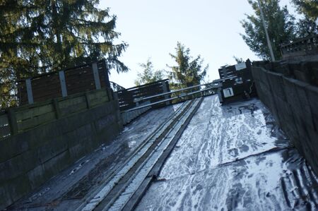 Ski jump in autumn without snowの写真素材