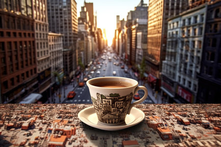 Cup of coffee on the background of the New York City skylineの素材